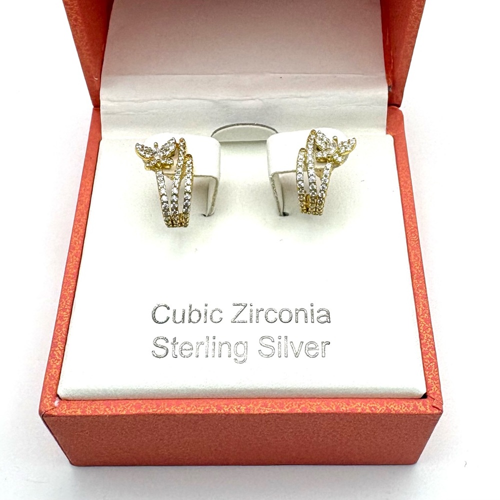 New Rachel Zoe 14k Gold over Sterling Silver Dainty Butterfly Hoop CZ Earrings